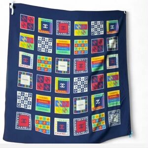 Chanel Navy and Multicolor Patterned Silk Scarf